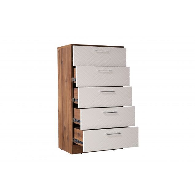 Engineered Wood Chest of 5 Drawers in forest teak and white Colour